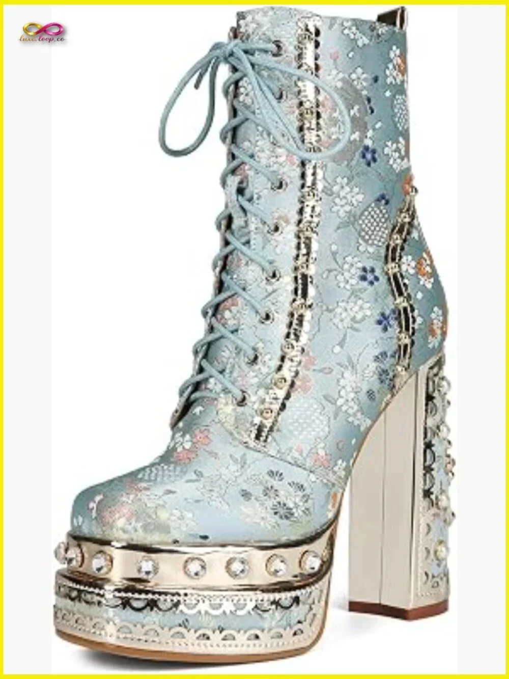 Cowgirl Block Heel Ankle Platform Boots Embroidered Fabric Gemstones Dress - Picture 1 of 7